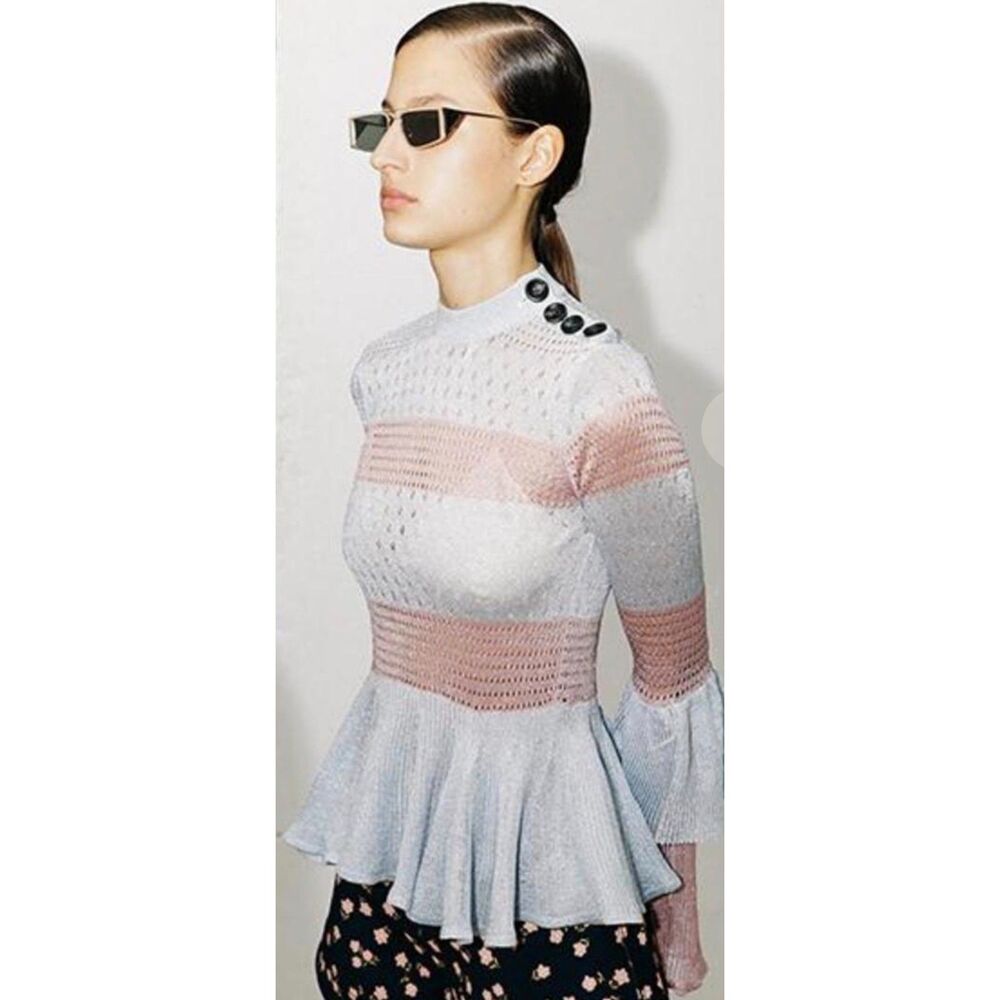 Self-Portrait Striped Metallic Open-Knit Pink / Blue Bell Sleeve Sweater Top S